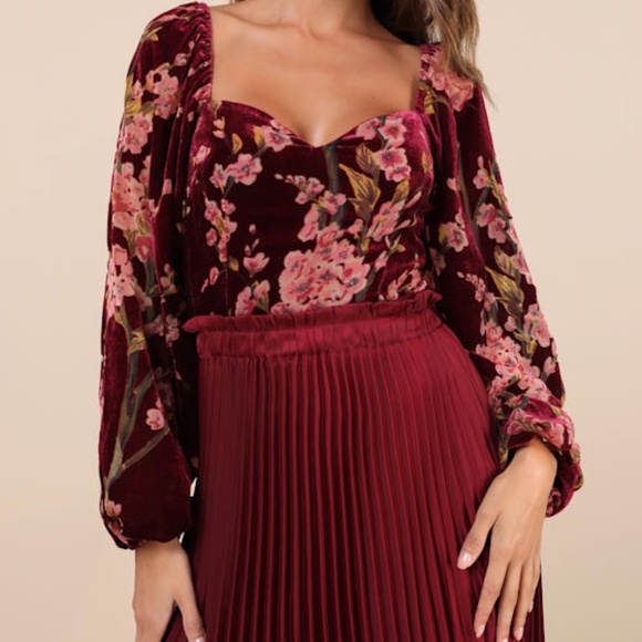 Lulus Tops - Lulus Luxe Romance Burgundy Velvet Floral Burnout Long Sleeve Bodysuit Red